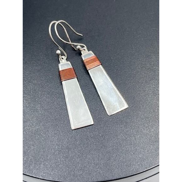 Mexico 925 Designer Signed  
Copper Wrapped Dangle Cone Shaped Earrings - Picture 10 of 12